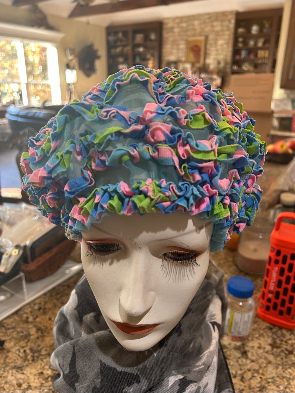 OSFM Ruffled Bonnet Hair Cover Swim Cap - Multicolor Blue, Pink & Green